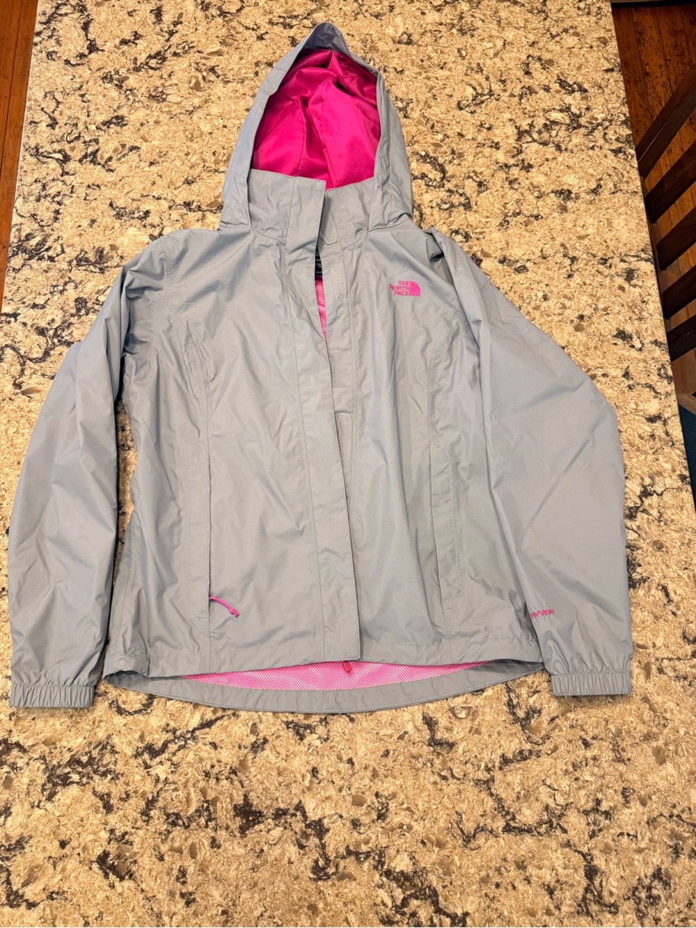 The North Face Light Gray Waterproof Hooded Jacket with Pink Accents